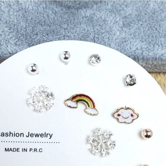 Snowflake Winter Rainbow Post Earrings 7 Pairs - Picture 2 of 4